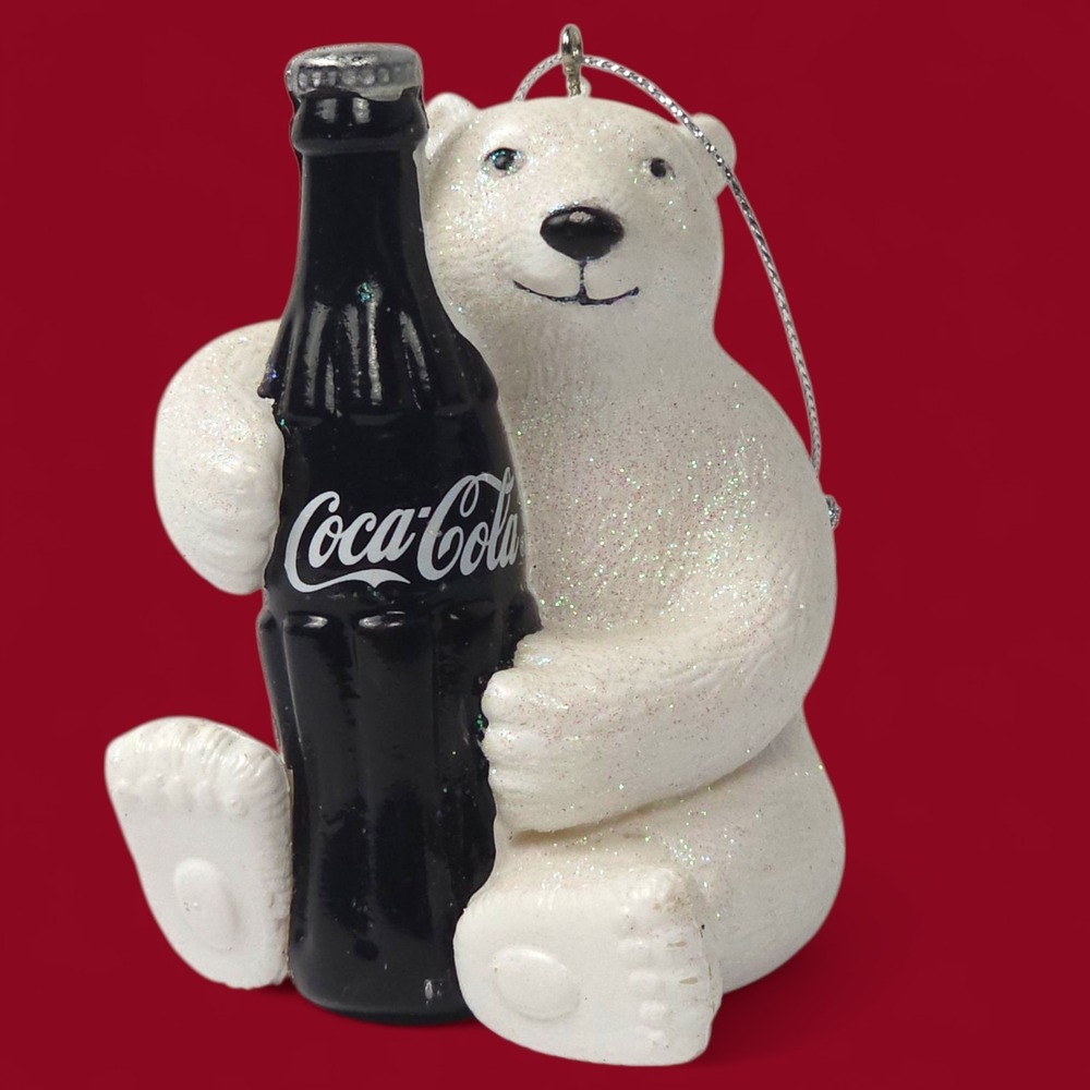 VTG Coca-Cola Polar Bear Ornament Glitter Resin Hugging Coke Bottle 4"